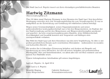 Traueranzeige von Hartwig Zitzmann von Pegnitz-Zeitung